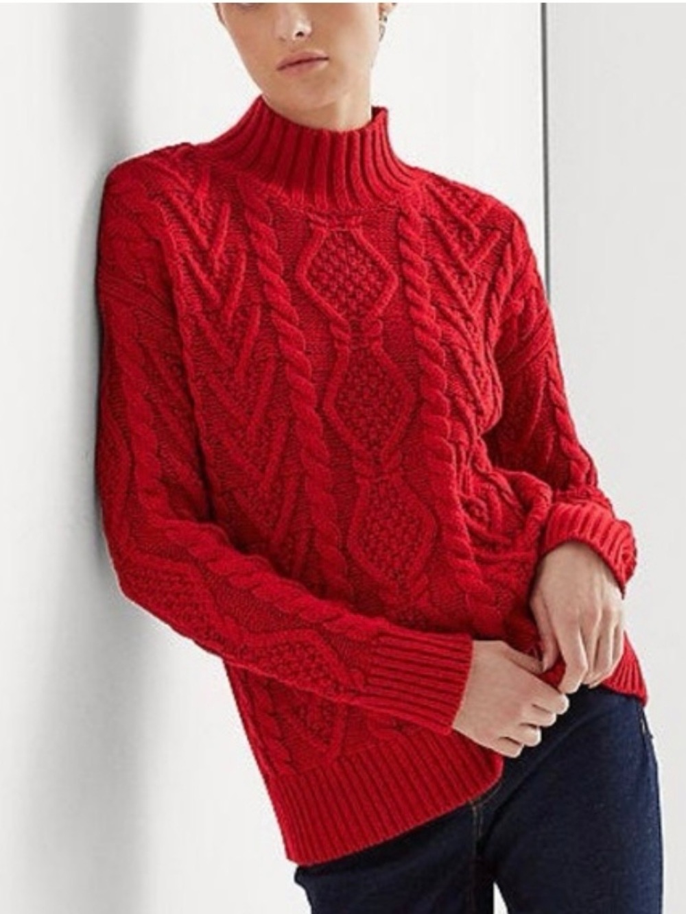 Lauren Ralph Lauren Mock Neck/Roll Neck Cable Knit Sweater Lipstick Red Size S